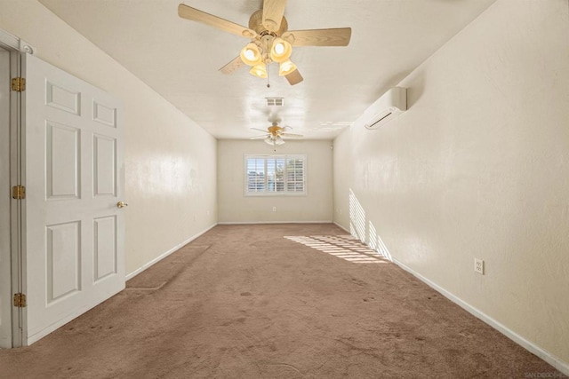 carpeted empty room featuring a wall mounted air conditioner and ceiling fan