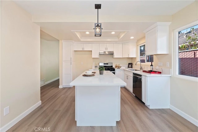 kitchen featuring white cabinets, pendant lighting, a raised ceiling, and stainless steel appliances