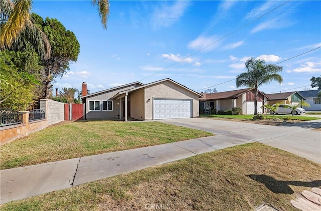 single story home featuring a front yard and a garage