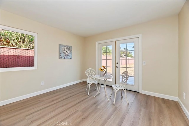 dining room featuring french doors, light hardwood / wood-style flooring, and a wealth of natural light