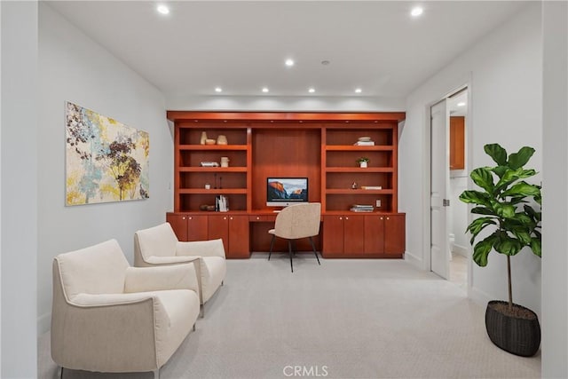 office featuring light carpet, baseboards, and recessed lighting