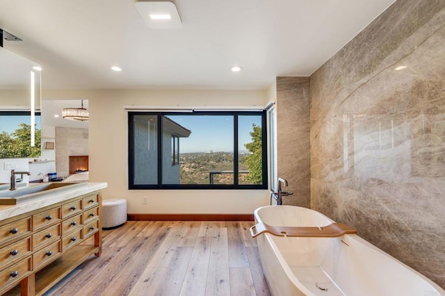 bathroom featuring hardwood / wood-style floors, a bathtub, vanity, and a fireplace