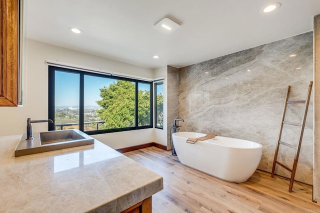 bathroom featuring sink, a washtub, and hardwood / wood-style flooring