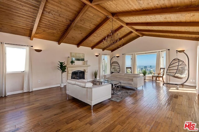 living room featuring dark wood-type flooring, wooden ceiling, and beam ceiling