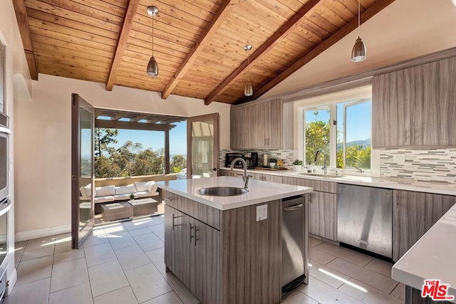 kitchen featuring hanging light fixtures, a center island with sink, stainless steel appliances, and wood ceiling