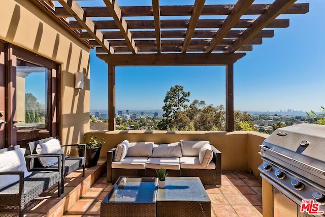 view of patio / terrace with grilling area, an outdoor hangout area, and a pergola