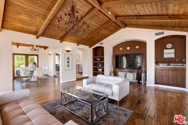 living room featuring built in features, dark hardwood / wood-style flooring, and wooden ceiling