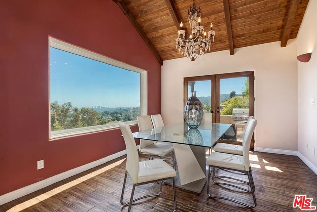 dining space featuring wood ceiling, dark wood-type flooring, french doors, vaulted ceiling with beams, and a chandelier