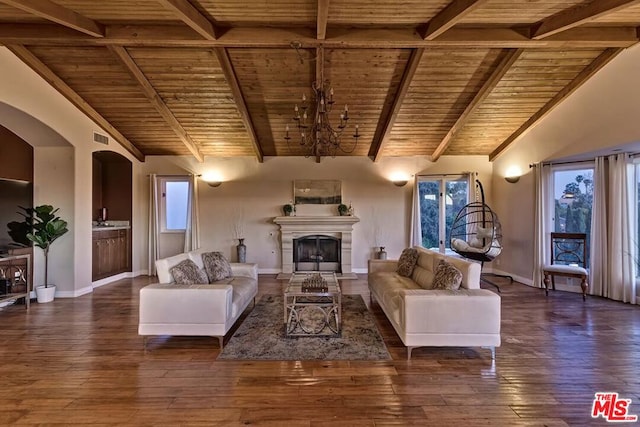 living room featuring dark hardwood / wood-style floors, wood ceiling, and plenty of natural light