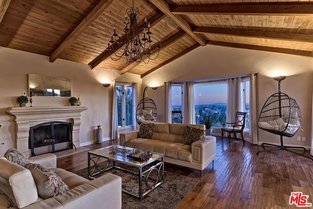 living room featuring dark wood-type flooring, wooden ceiling, a chandelier, and beamed ceiling