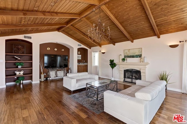 living room featuring wooden ceiling, wood-type flooring, and beamed ceiling