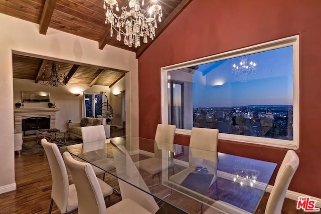 dining room featuring wooden ceiling, wood-type flooring, and lofted ceiling with beams