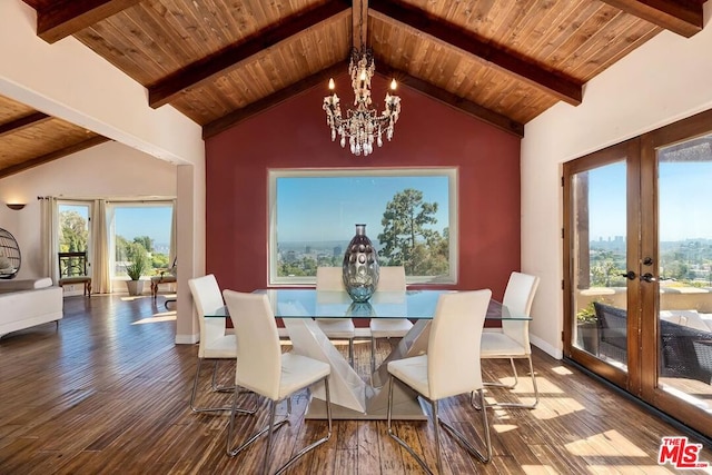 dining area featuring hardwood / wood-style floors, wood ceiling, french doors, an inviting chandelier, and beam ceiling