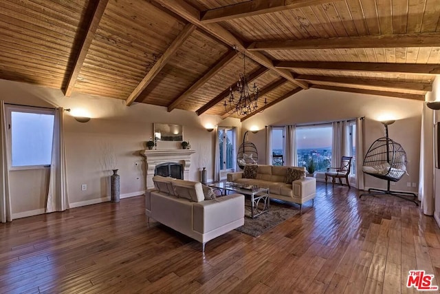 living room featuring wooden ceiling, a chandelier, dark hardwood / wood-style flooring, and vaulted ceiling with beams