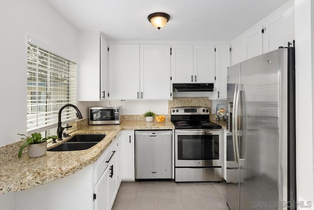 kitchen featuring appliances with stainless steel finishes, white cabinetry, and sink