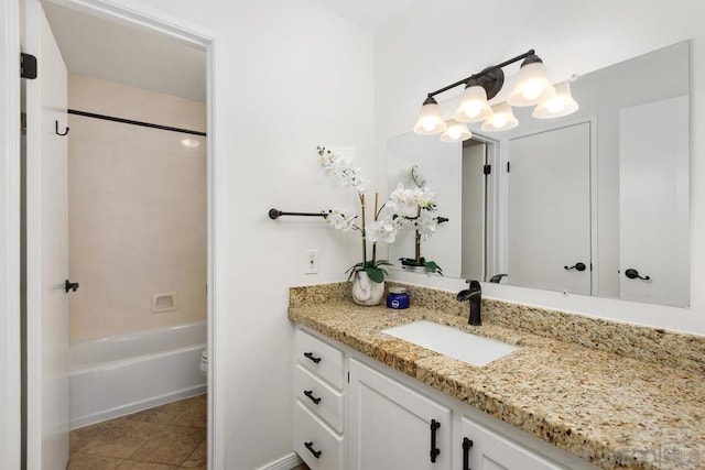 full bathroom with shower / bathing tub combination, vanity, tile patterned flooring, and toilet