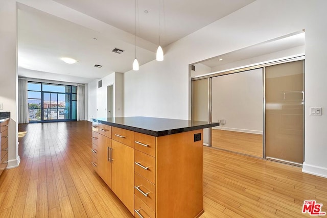 kitchen featuring a center island, hanging light fixtures, and light hardwood / wood-style flooring