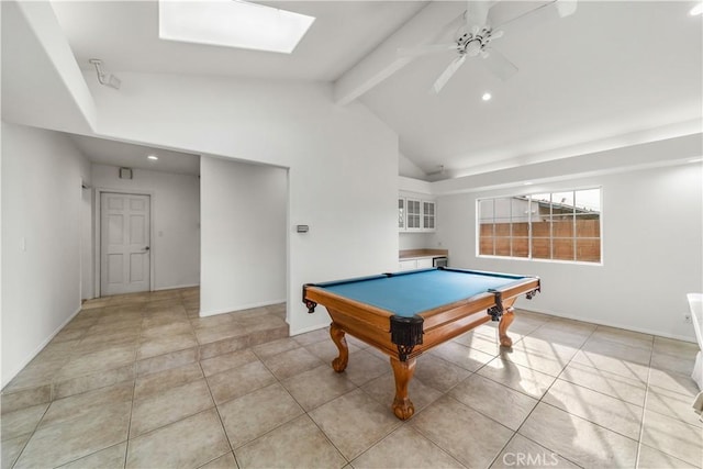 playroom featuring lofted ceiling with beams, ceiling fan, light tile patterned flooring, and pool table