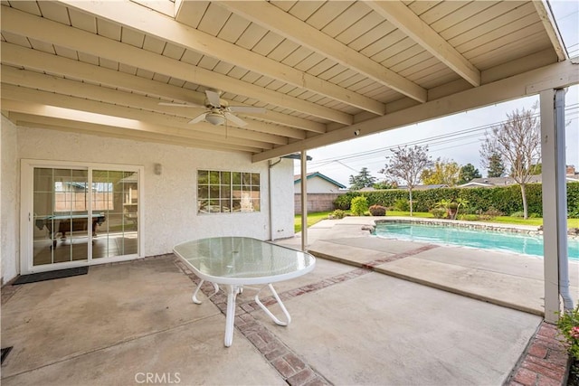 view of patio featuring a fenced in pool and ceiling fan