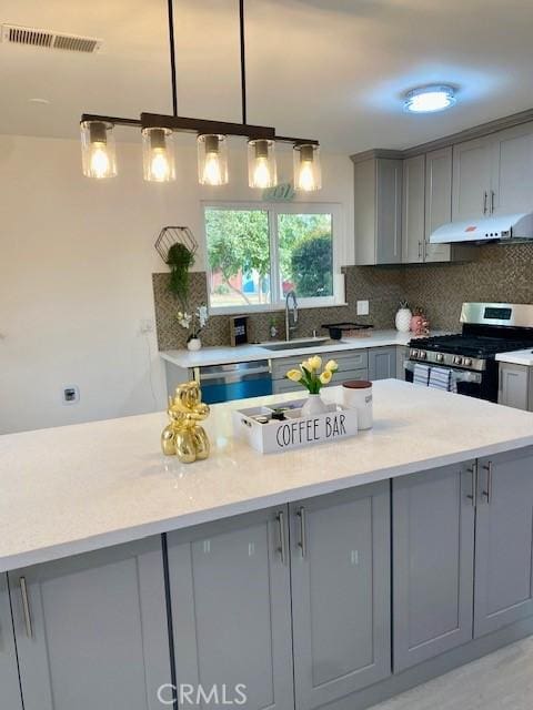 kitchen featuring pendant lighting, sink, decorative backsplash, gray cabinets, and appliances with stainless steel finishes