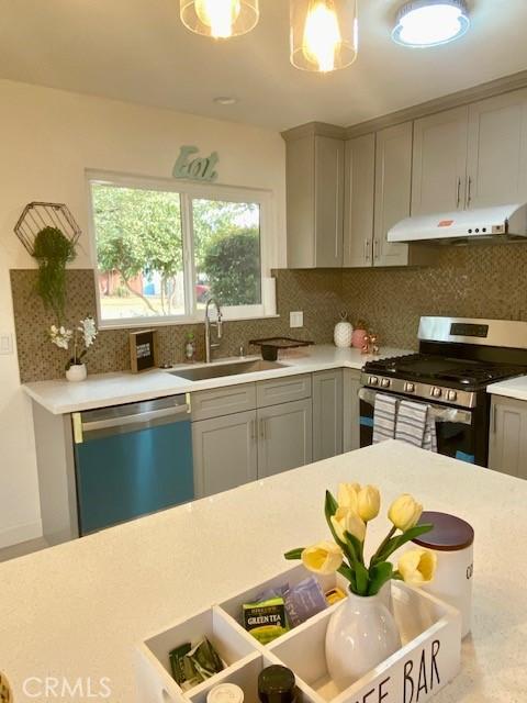 kitchen featuring decorative backsplash, stainless steel appliances, gray cabinetry, and sink