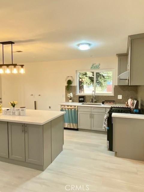 kitchen featuring sink, gray cabinets, appliances with stainless steel finishes, tasteful backsplash, and decorative light fixtures