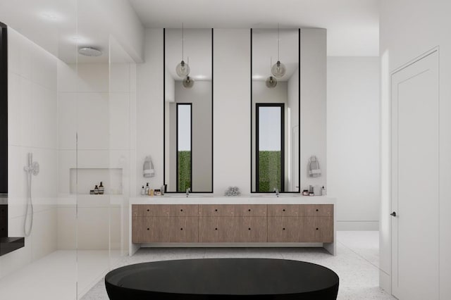 bathroom with vanity and a shower