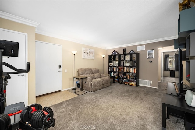 living room with crown molding and light carpet