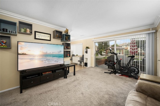 carpeted living room with a textured ceiling and ornamental molding