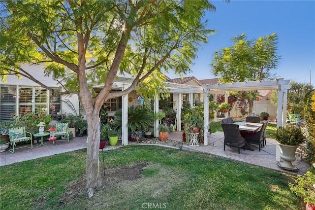 view of yard with a pergola and a patio