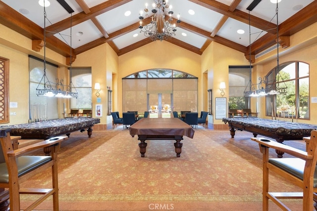 game room featuring beam ceiling, high vaulted ceiling, coffered ceiling, and pool table