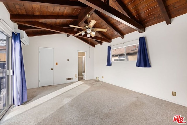 interior space with ceiling fan, a healthy amount of sunlight, wooden ceiling, and lofted ceiling with beams