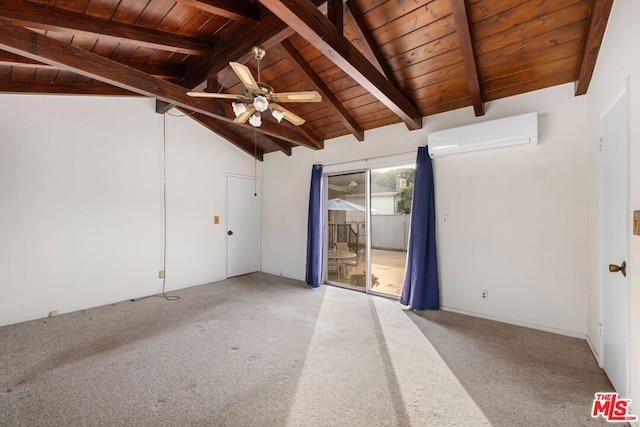 carpeted empty room featuring lofted ceiling with beams, a wall unit AC, ceiling fan, and wood ceiling