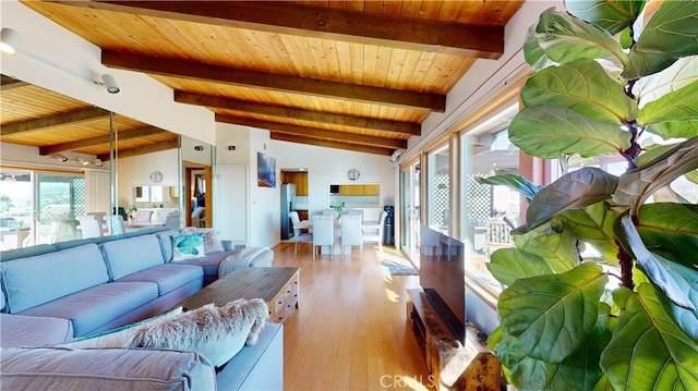 living room featuring vaulted ceiling with beams, light wood-type flooring, and wood ceiling