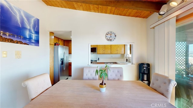 dining area with wooden ceiling, sink, and lofted ceiling with beams