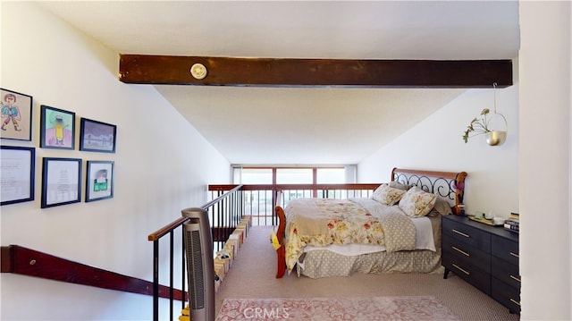 bedroom featuring beam ceiling, floor to ceiling windows, and carpet