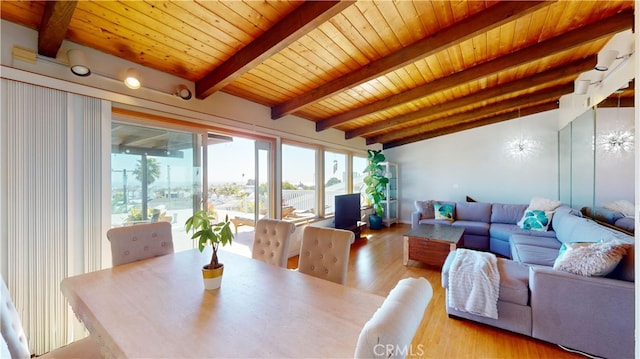 dining area with light wood-type flooring, lofted ceiling with beams, and wooden ceiling