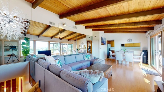 living room with vaulted ceiling with beams, light hardwood / wood-style flooring, a wealth of natural light, and wooden ceiling