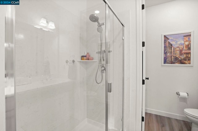 bathroom with hardwood / wood-style flooring, toilet, and walk in shower