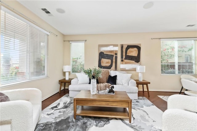 living room with dark hardwood / wood-style floors