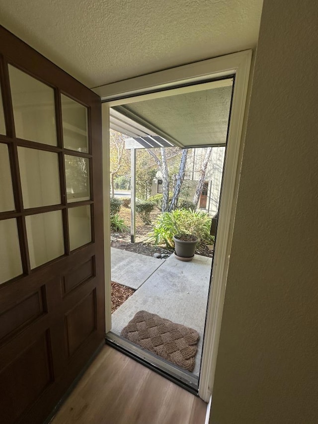 entryway featuring light hardwood / wood-style floors and a textured ceiling