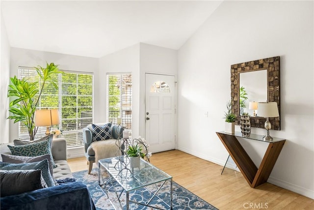 sitting room featuring hardwood / wood-style floors and lofted ceiling