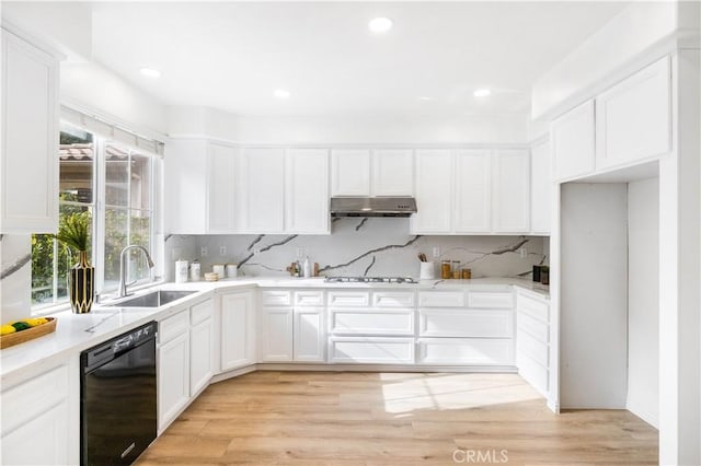 kitchen with white cabinetry, gas cooktop, dishwasher, light hardwood / wood-style flooring, and sink