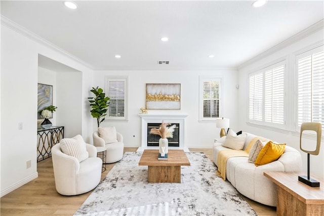 living room with crown molding and light hardwood / wood-style floors