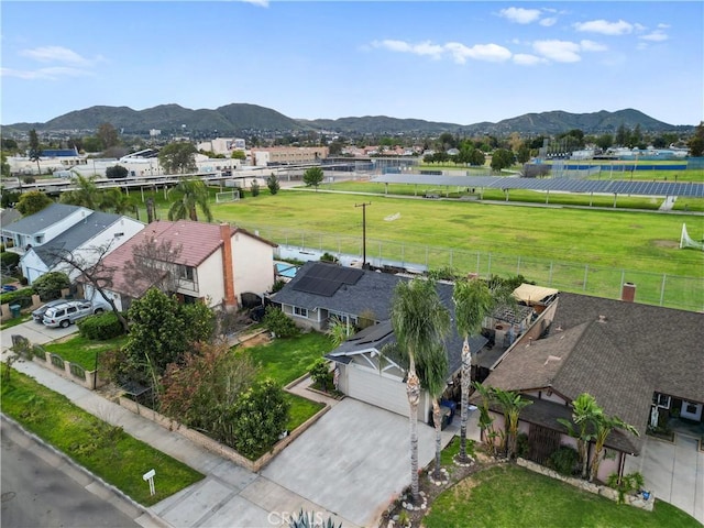 drone / aerial view featuring a mountain view