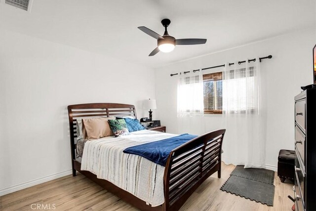 bedroom with hardwood / wood-style flooring and ceiling fan