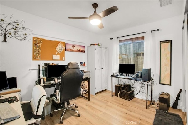 office space featuring light wood-type flooring and ceiling fan