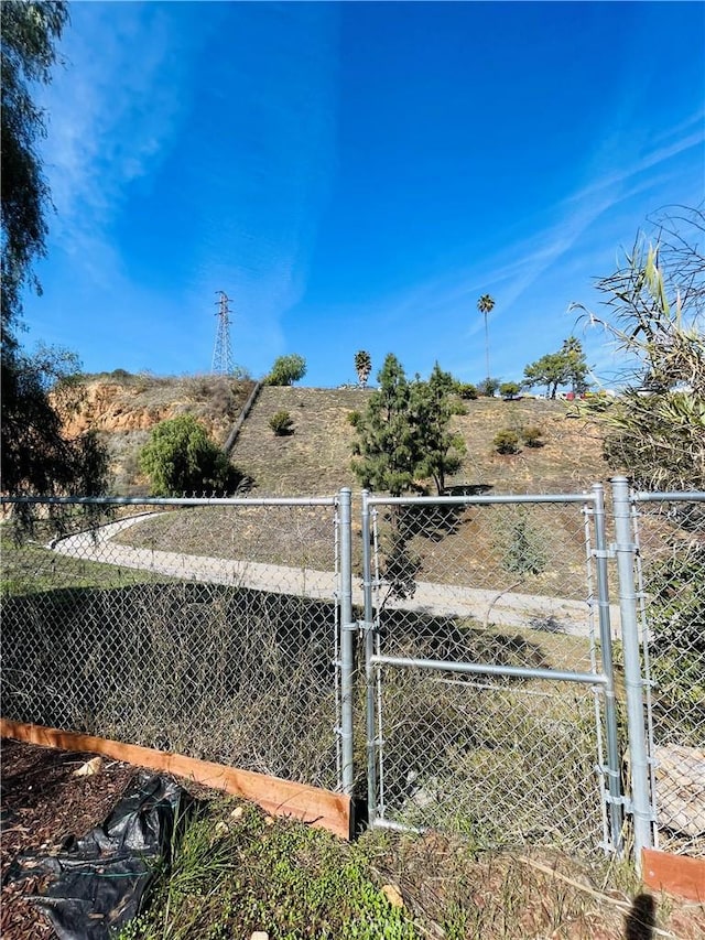 view of yard with a gate, fence, and a rural view