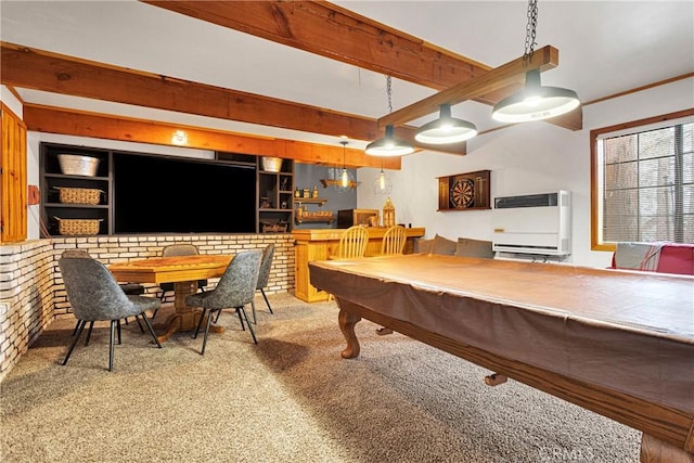 rec room featuring carpet flooring, beam ceiling, brick wall, and billiards