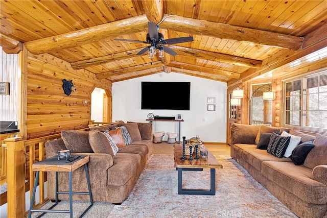 living room featuring ceiling fan, vaulted ceiling with beams, wood walls, light colored carpet, and wood ceiling